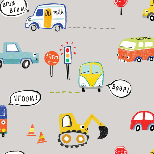 Image of the Vroom Vroom Trucks and Stuff Gray quilting cotton fabric by QT Fabrics. Features cars on a gray background. Cute Little Fabric Shop