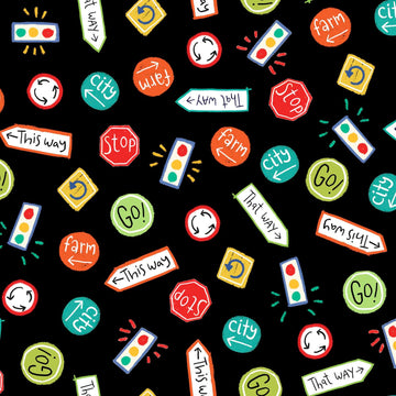 Image of the Vroom Vroom Street Signs Toss Black quilting cotton fabric by QT Fabrics. Features signs on a black background. Cute Little Fabric Shop