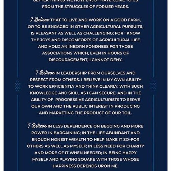 Image of the FFA Forever Blue 2 FFA Creed Panel quilting cotton fabric by Riley Blake Designs. Features the statement from the FFA. Official Licensed Product 
Cute Little Fabric Shop