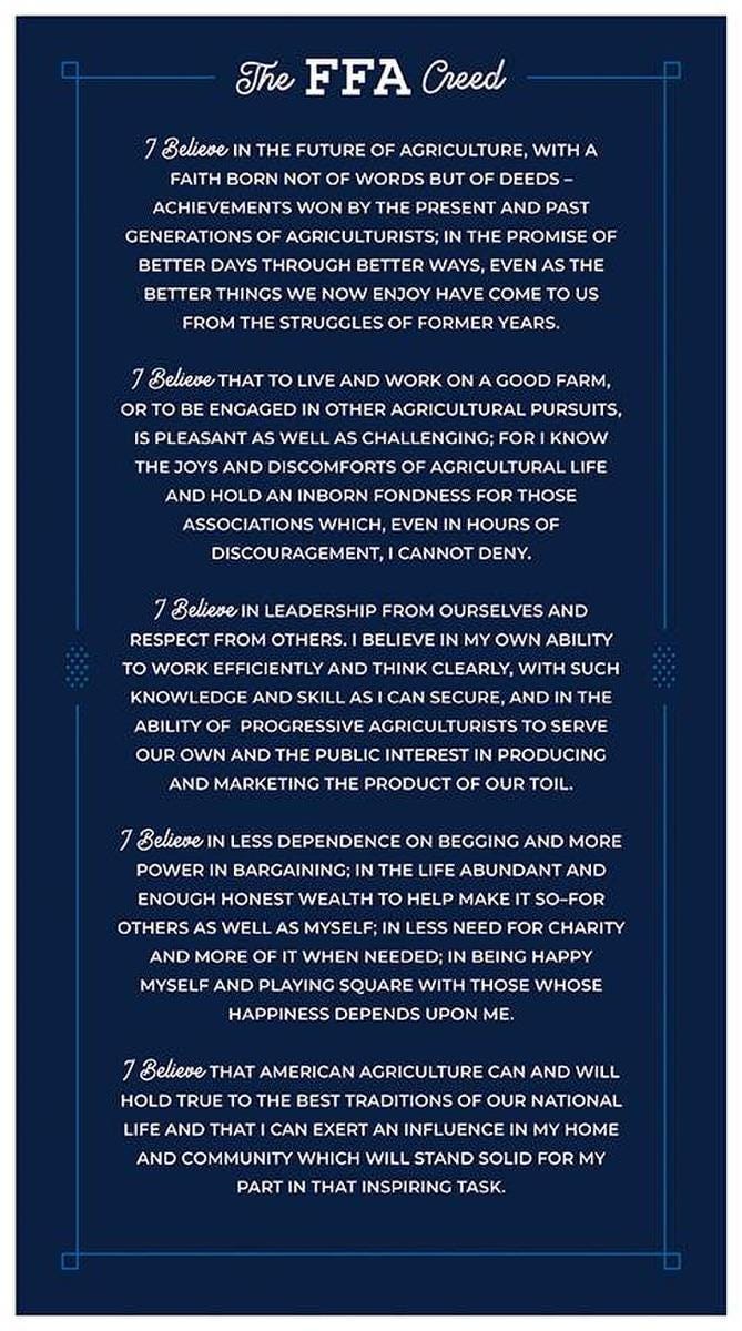 Image of the FFA Forever Blue 2 FFA Creed Panel quilting cotton fabric by Riley Blake Designs. Features the statement from the FFA. Official Licensed Product 
Cute Little Fabric Shop