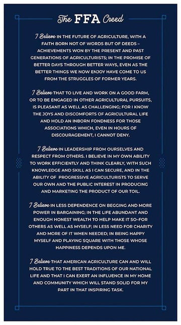 Image of the FFA Forever Blue 2 FFA Creed Panel quilting cotton fabric by Riley Blake Designs. Features the statement from the FFA. Official Licensed Product 
Cute Little Fabric Shop