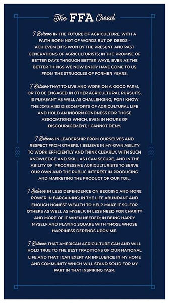 Image of the FFA Forever Blue 2 FFA Creed Panel quilting cotton fabric by Riley Blake Designs. Features the statement from the FFA. Official Licensed Product 
Cute Little Fabric Shop