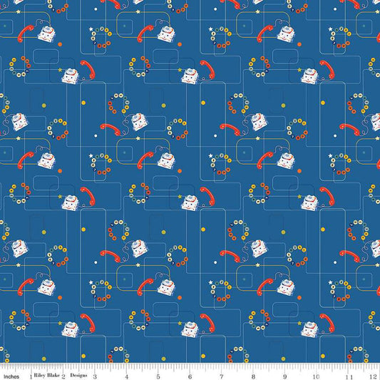 Image of the Pop 'n Play Phones Blue quilting cotton fabric by Fisher-Price for Riley Blake Designs. Features phones on a blue background. Cute Little Fabric Shop