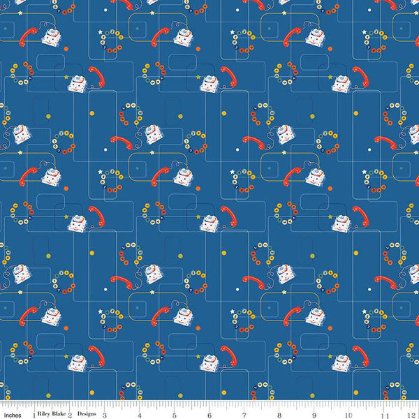 Image of the Pop &#39;n Play Phones Blue quilting cotton fabric by Fisher-Price for Riley Blake Designs. Features phones on a blue background. Cute Little Fabric Shop