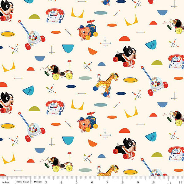 Image of the Pop &#39;n Play Main Le Creme quilting cotton fabric by Fisher-Price for Riley Blake Designs. Features toys on a cream background. Cute Little Fabric Shop