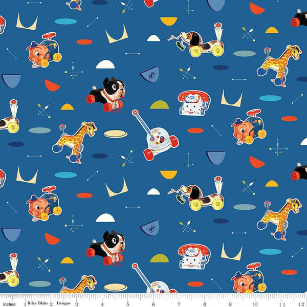 Image of the Pop &#39;n Play Main Blue quilting cotton fabric by Fisher-Price for Riley Blake Designs. Features toys on a blue background. Cute Little Fabric Shop