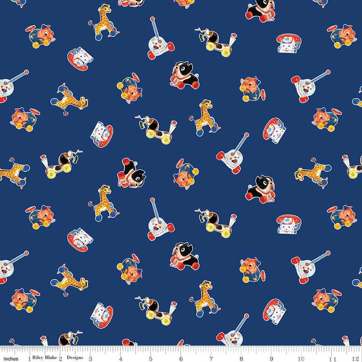 Image of the Pop 'n Play Caricature Toss Navy quilting cotton fabric by Fisher-Price for Riley Blake Designs. Features toys on a navy background. Cute Little Fabric Shop