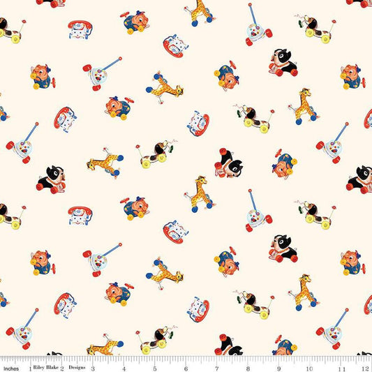 Image of the Pop 'n Play Caricature Toss Le Creme quilting cotton fabric by Fisher-Price for Riley Blake Designs. Features toys on a creambackground. Cute Little Fabric Shop