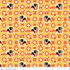 Image of the Pop 'n Play Bubbles Yellow quilting cotton fabric by Fisher-Price for Riley Blake Designs. Features toys on an orange background. Cute Little Fabric Shop