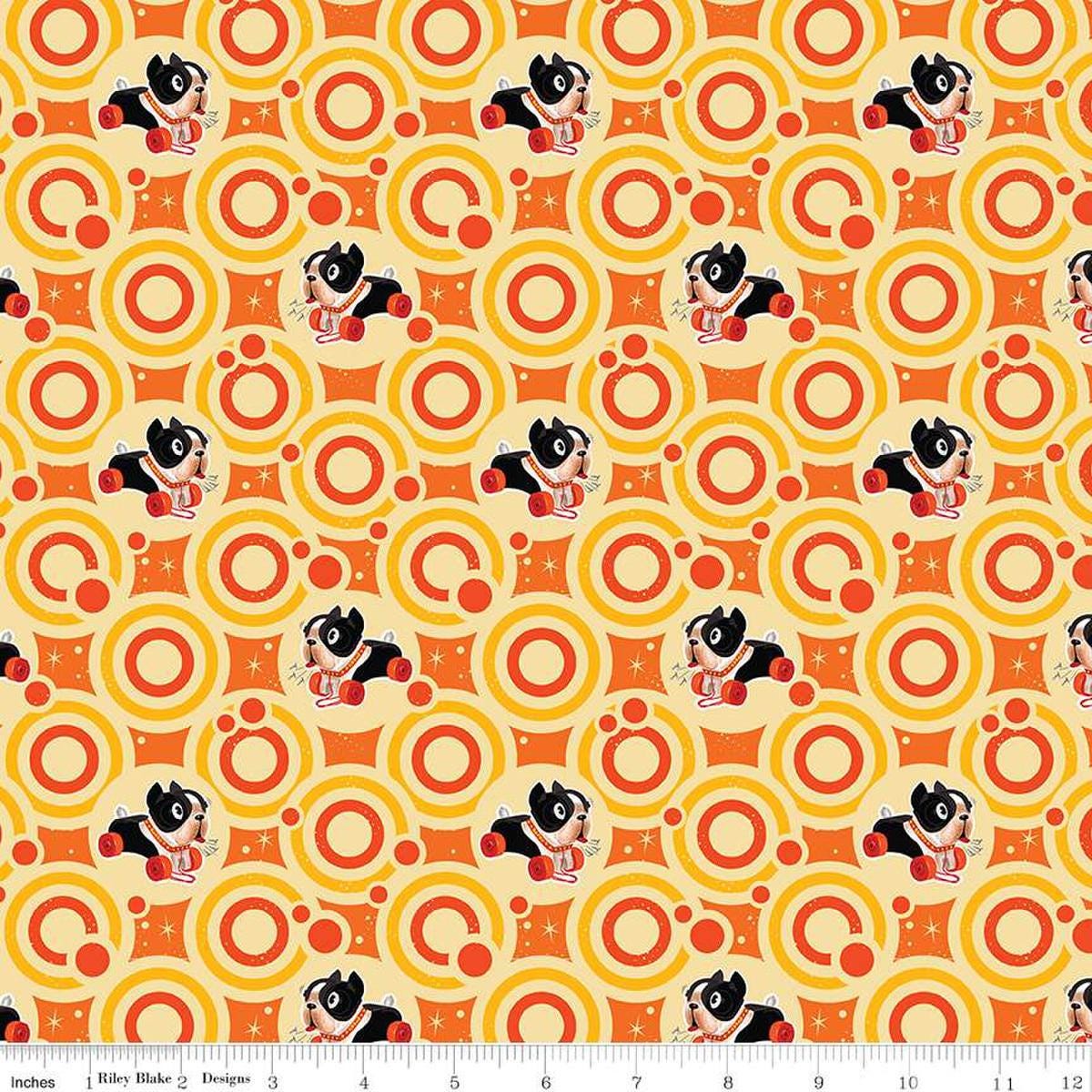 Image of the Pop 'n Play Bubbles Yellow quilting cotton fabric by Fisher-Price for Riley Blake Designs. Features toys on an orange background. Cute Little Fabric Shop