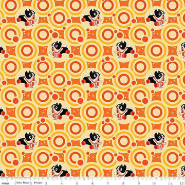 Image of the Pop 'n Play Bubbles Yellow quilting cotton fabric by Fisher-Price for Riley Blake Designs. Features toys on an orange background. Cute Little Fabric Shop