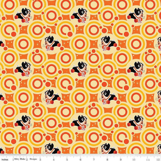 Image of the Pop 'n Play Bubbles Yellow quilting cotton fabric by Fisher-Price for Riley Blake Designs. Features toys on an orange background. Cute Little Fabric Shop
