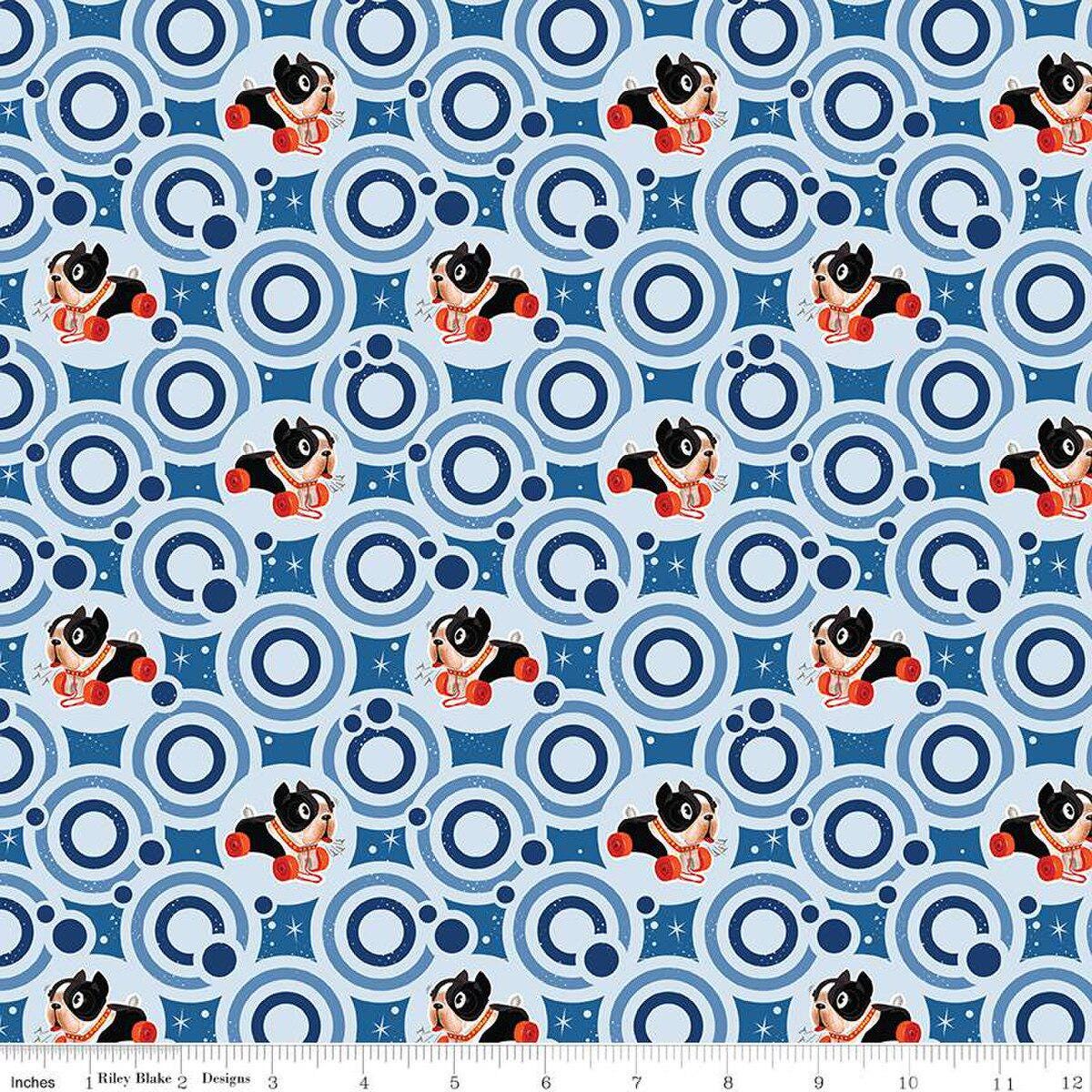 Image of the Pop 'n Play Bubbles Sky quilting cotton fabric by Fisher-Price for Riley Blake Designs. Features toys on a blue background. Cute Little Fabric Shop