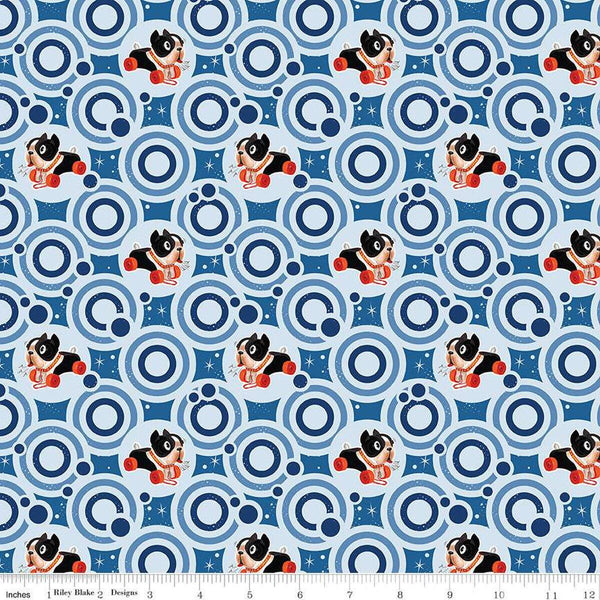 Image of the Pop &#39;n Play Bubbles Sky quilting cotton fabric by Fisher-Price for Riley Blake Designs. Features toys on a blue background. Cute Little Fabric Shop