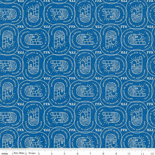 Image of the FFA Forever Blue 2 Farm Patch Blue quilting cotton fabric by Riley Blake Designs. Features symbols on a blue background. Official Licensed Product. Cute Little Fabric Shop