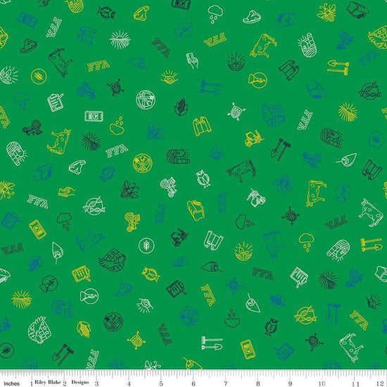 Image of the FFA Forever Blue 2 Icons Green quilting cotton fabric by Riley Blake Designs. Features symbols on a green background. Official Licensed Product. Cute Little Fabric Shop