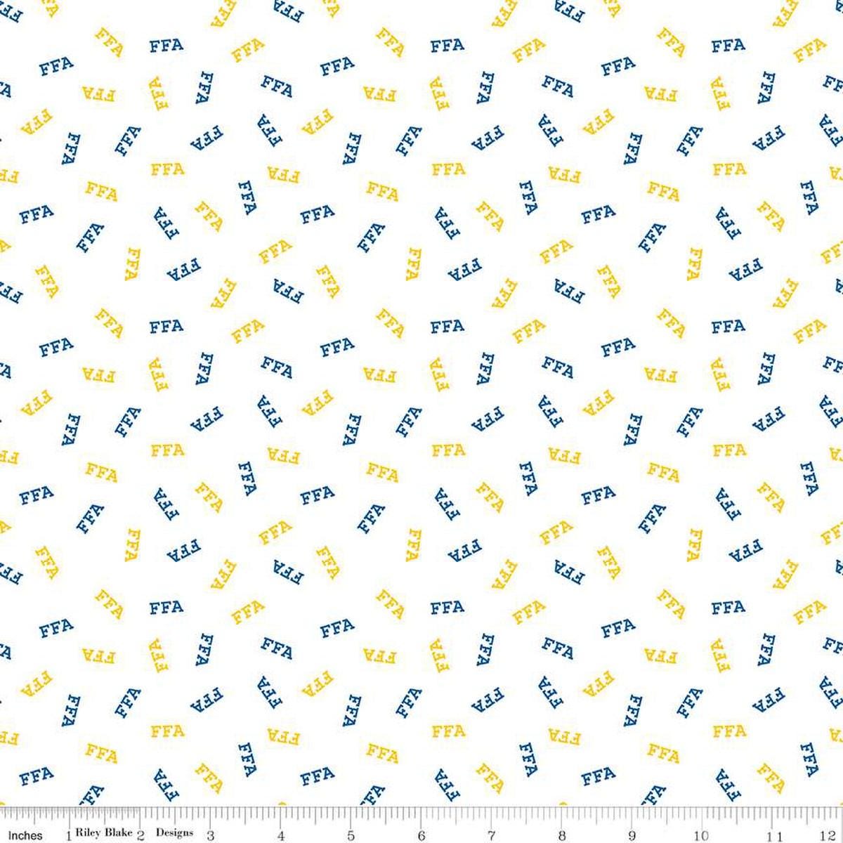 Image of the FFA Forever Blue 2 Logo Toss White quilting cotton fabric by Riley Blake Designs. Features text on a white background. Official Licensed Product. Cute Little Fabric Shop