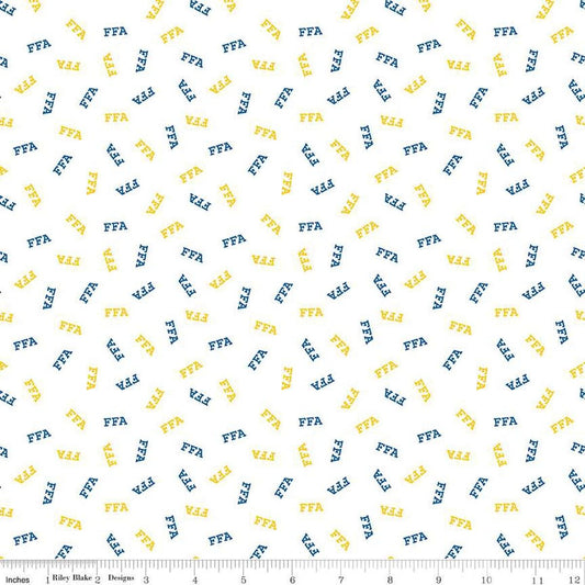 Image of the FFA Forever Blue 2 Logo Toss White quilting cotton fabric by Riley Blake Designs. Features text on a white background. Official Licensed Product. Cute Little Fabric Shop