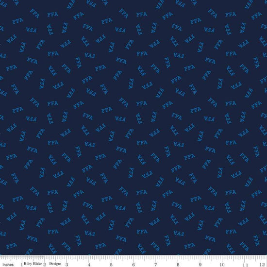 Image of the FFA Forever Blue 2 Logo Toss Navy quilting cotton fabric by Riley Blake Designs. Features text on a navy blue background. Official Licensed Product. Cute Little Fabric Shop