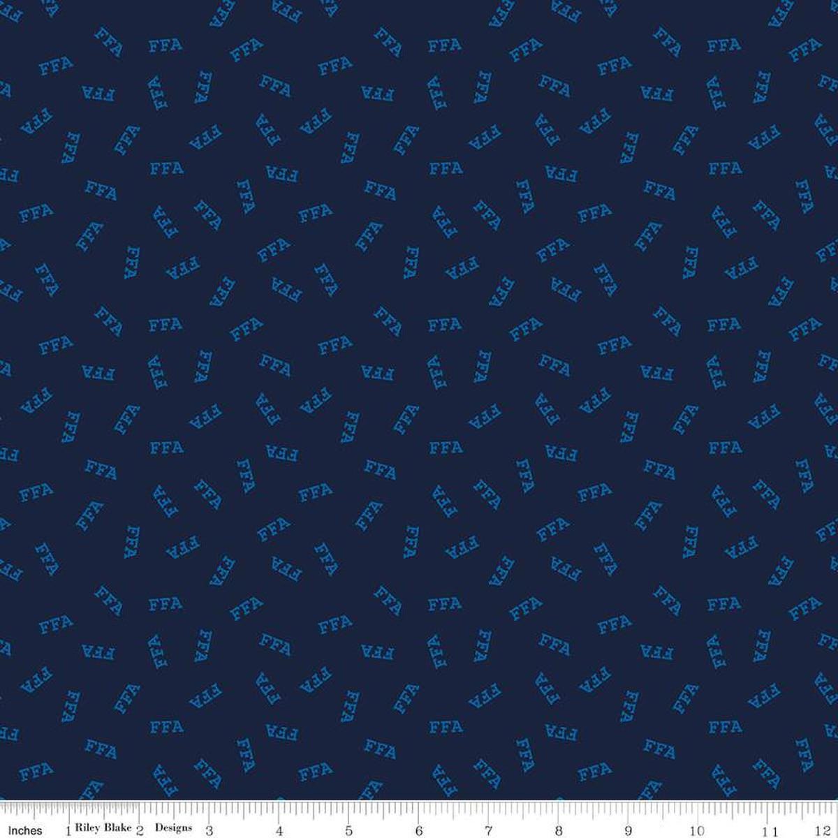 Image of the FFA Forever Blue 2 Logo Toss Navy quilting cotton fabric by Riley Blake Designs. Features text on a navy blue background. Official Licensed Product. Cute Little Fabric Shop