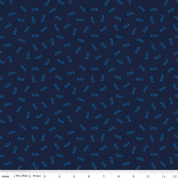 Image of the FFA Forever Blue 2 Logo Toss Navy quilting cotton fabric by Riley Blake Designs. Features text on a navy blue background. Official Licensed Product. Cute Little Fabric Shop