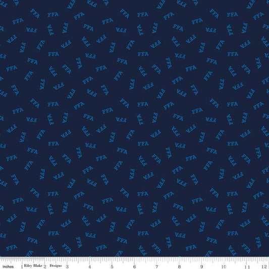 Image of the FFA Forever Blue 2 Logo Toss Navy quilting cotton fabric by Riley Blake Designs. Features text on a navy blue background. Official Licensed Product. Cute Little Fabric Shop