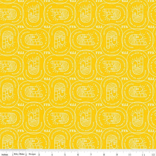 Image of the FFA Forever Blue 2 Farm Patch Yellow quilting cotton fabric by Riley Blake Designs. Features symbols on a yellow background. Official Licensed Product. Cute Little Fabric Shop