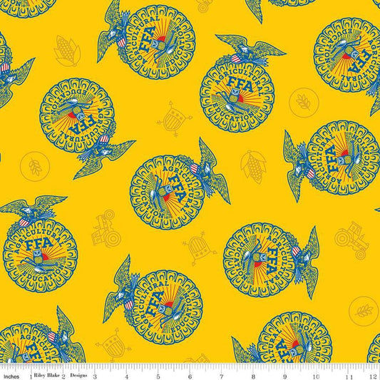 Image of the FFA Forever Blue 2 Badge Toss Yellow quilting cotton fabric by Riley Blake Designs. Features emblems on a yellow background. Official Licensed Product. Cute Little Fabric Shop