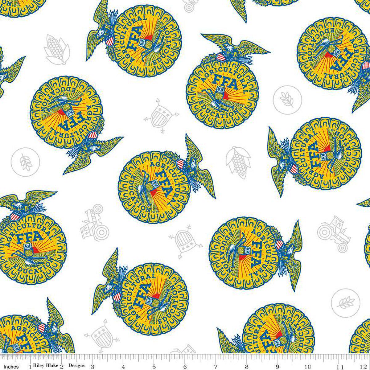 Image of the FFA Forever Blue 2 Badge Toss White quilting cotton fabric by Riley Blake Designs. Features emblems on a white background. Official Licensed Product. Cute Little Fabric Shop