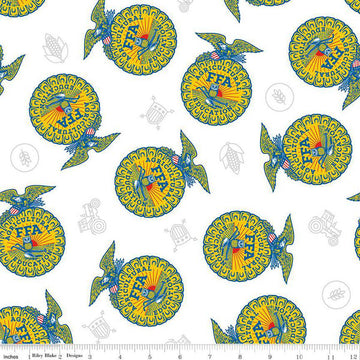 Image of the FFA Forever Blue 2 Badge Toss White quilting cotton fabric by Riley Blake Designs. Features emblems on a white background. Official Licensed Product. Cute Little Fabric Shop