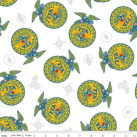 Image of the FFA Forever Blue 2 Badge Toss White quilting cotton fabric by Riley Blake Designs. Features emblems on a white background. Official Licensed Product. Cute Little Fabric Shop