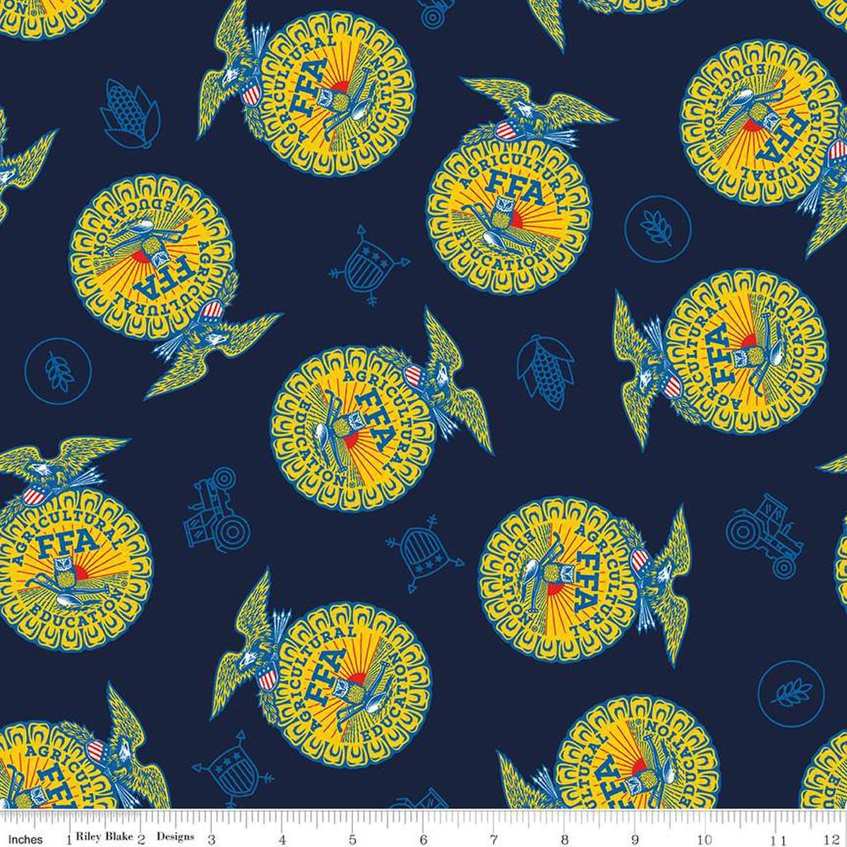 Image of the FFA Forever Blue 2 Badge Toss Navy quilting cotton fabric by Riley Blake Designs. Features emblems on a blue background. Official Licensed Product. Cute Little Fabric Shop