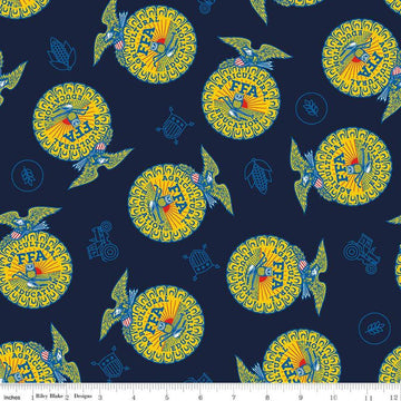 Image of the FFA Forever Blue 2 Badge Toss Navy quilting cotton fabric by Riley Blake Designs. Features emblems on a blue background. Official Licensed Product. Cute Little Fabric Shop