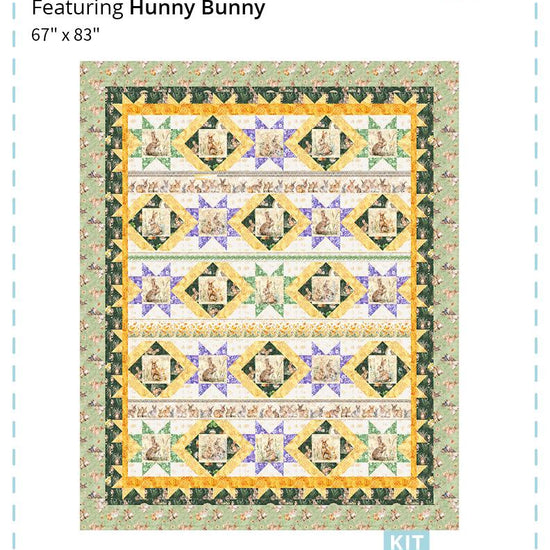 Image of the Hopscotch quilt pattern by Sager Creek Quilts for QT Fabrics. Features bunnies on a quilt. 
Cute Little Fabric Shop