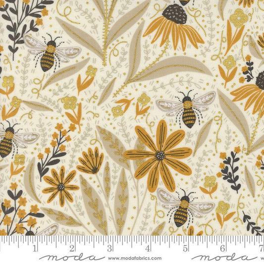 Image of the Bee Garden Metallic Bee Porcelain quilting cotton fabric by Gingiber for Riley Blake Designs. Features small flowers on a cream background. Cute Little Fabric Shop