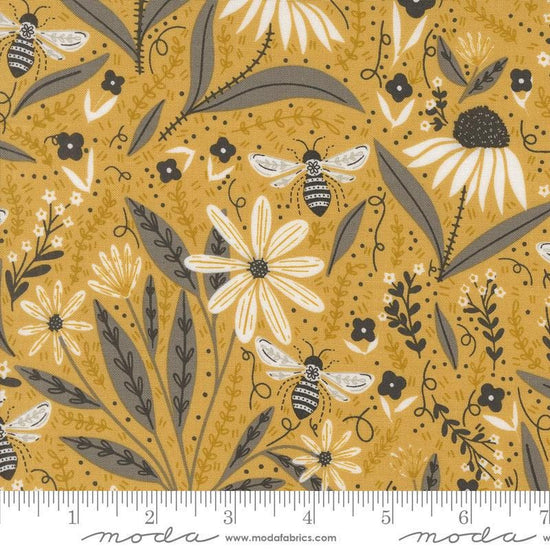 Image of the Bee Garden Bee Honey quilting cotton fabric by Gingiber for Riley Blake Designs. Features small flowers on a yellow background. Cute Little Fabric Shop