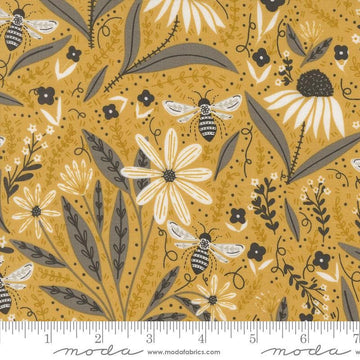Image of the Bee Garden Bee Honey quilting cotton fabric by Gingiber for Riley Blake Designs. Features small flowers on a yellow background. Cute Little Fabric Shop