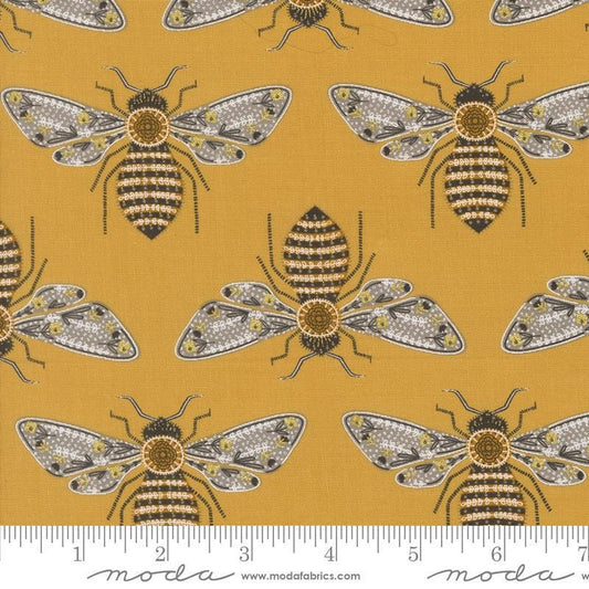 Image of the Bee Garden Metallic Bumblebee Honey quilting cotton fabric by Gingiber for Riley Blake Designs. Features bees on a yellow background. Cute Little Fabric Shop