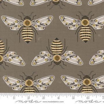 Image of the Bee Garden Metallic Bumblebee Slate quilting cotton fabric by Gingiber for Riley Blake Designs. Features bees on a brown background. Cute Little Fabric Shop