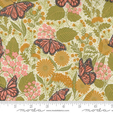 Image of the Bee Garden Metallic Butterfly Porcelain quilting cotton fabric by Gingiber for Riley Blake Designs. Features butterflies on a yellow background. Cute Little Fabric Shop