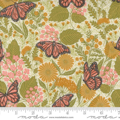 Image of the Bee Garden Metallic Butterfly Porcelain quilting cotton fabric by Gingiber for Riley Blake Designs. Features butterflies on a yellow background. Cute Little Fabric Shop