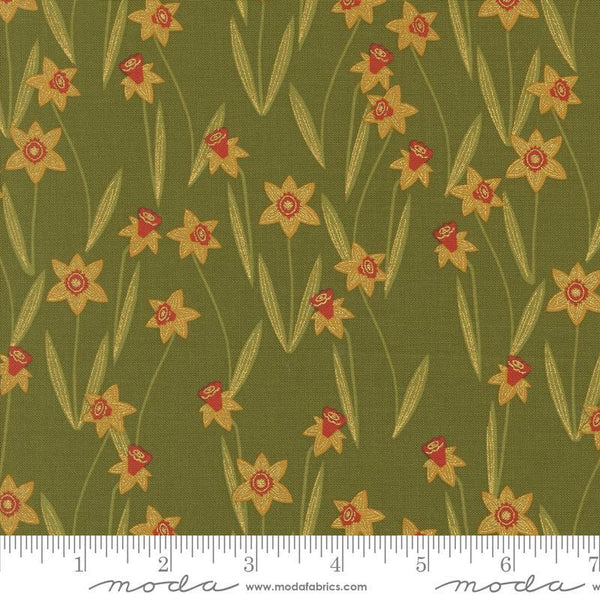 Image of the Bee Garden Metallic Daffodils Ivy quilting cotton fabric by Gingiber for Riley Blake Designs. Features flowers on a green background. Cute Little Fabric Shop
