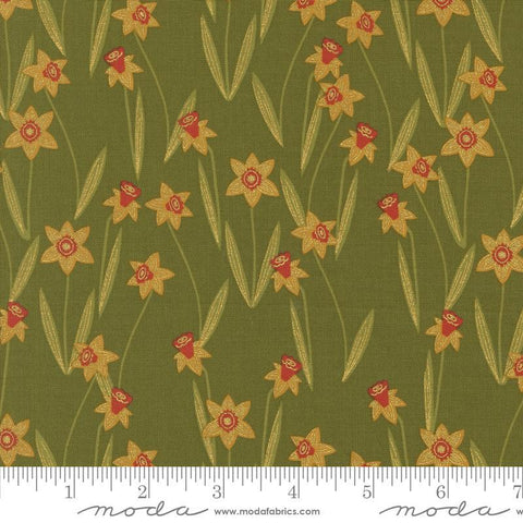 Image of the Bee Garden Metallic Daffodils Ivy quilting cotton fabric by Gingiber for Riley Blake Designs. Features flowers on a green background. Cute Little Fabric Shop