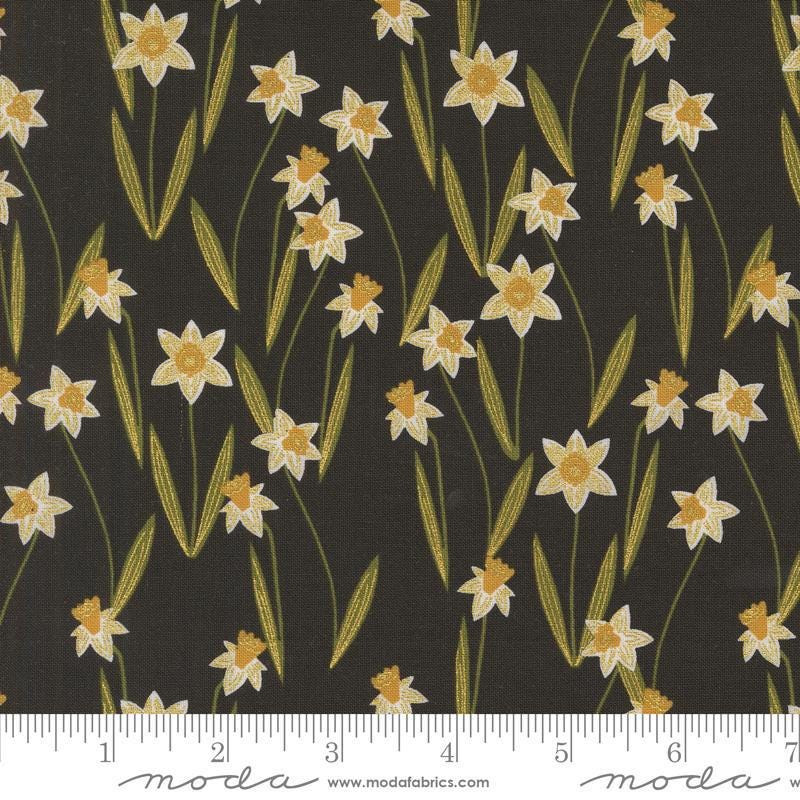 Image of the Bee Garden Metallic Daffodils Rose quilting cotton fabric by Gingiber for Riley Blake Designs. Features flowers on a black background. Cute Little Fabric Shop
