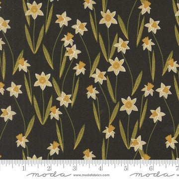 Image of the Bee Garden Metallic Daffodils Rose quilting cotton fabric by Gingiber for Riley Blake Designs. Features flowers on a black background. Cute Little Fabric Shop