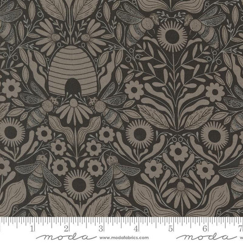 Image of the Bee Garden Beehive Black quilting cotton fabric by Gingiber for Riley Blake Designs. Features flowers on a black background. Cute Little Fabric Shop