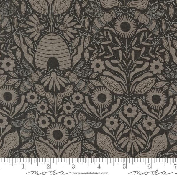 Image of the Bee Garden Beehive Black quilting cotton fabric by Gingiber for Riley Blake Designs. Features flowers on a black background. Cute Little Fabric Shop