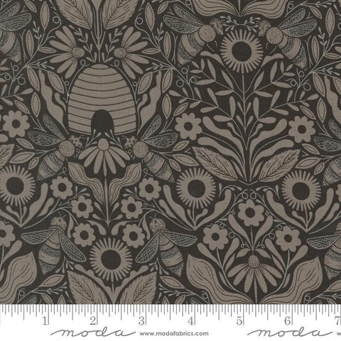 Image of the Bee Garden Beehive Black quilting cotton fabric by Gingiber for Riley Blake Designs. Features flowers on a black background. Cute Little Fabric Shop