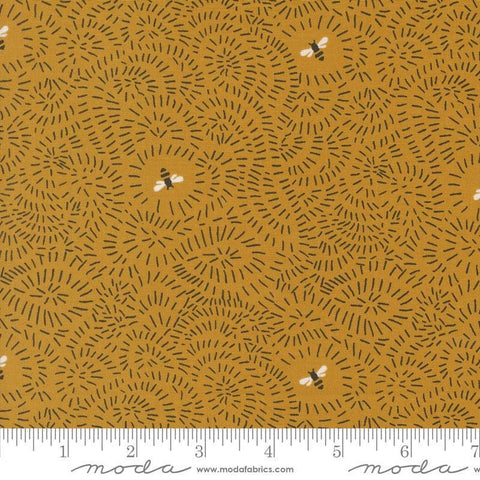Image of the Bee Garden Twists and Turns Beeswax quilting cotton fabric by Gingiber for Riley Blake Designs. Features bees on a yellow background. Cute Little Fabric Shop