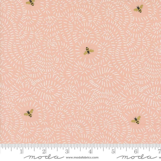 Image of the Bee Garden Metallic Twists and Turns Rose quilting cotton fabric by Gingiber for Riley Blake Designs. Features bees on a pink background. Cute Little Fabric Shop